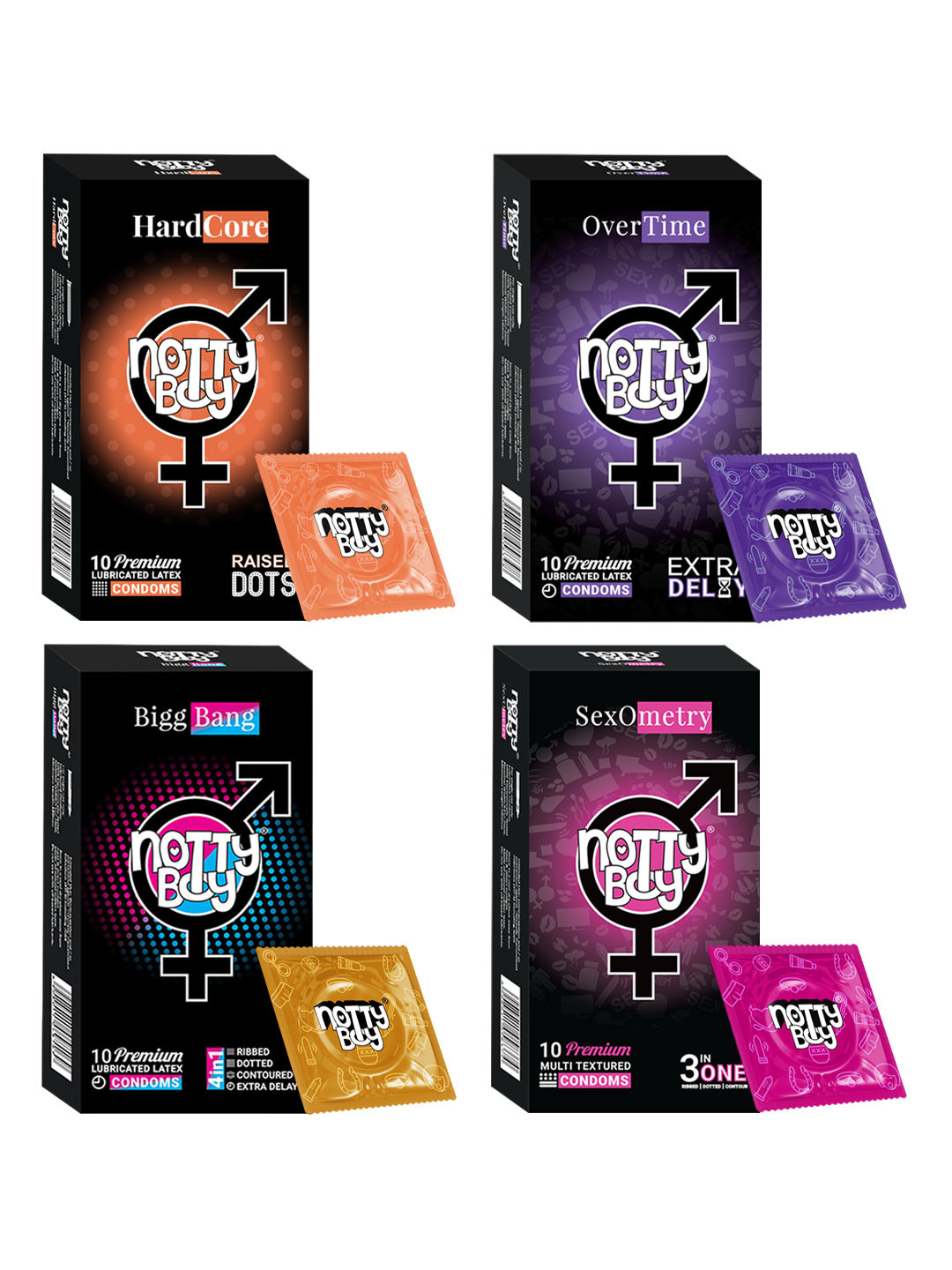 

noTTy Boy Men Set of HardCore + BiggBang + OverTime + SexoMetry Condoms - 10 pcs each, Multi