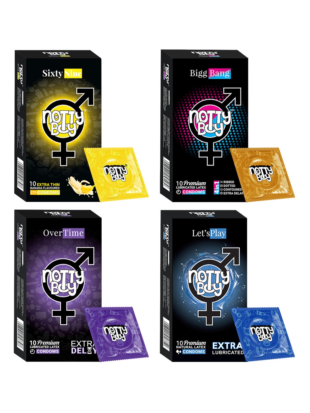 

noTTy Boy Men Set of SixtyNine + BiggBang + OverTime + LetsPlay Condoms - 10 pcs each, Multi