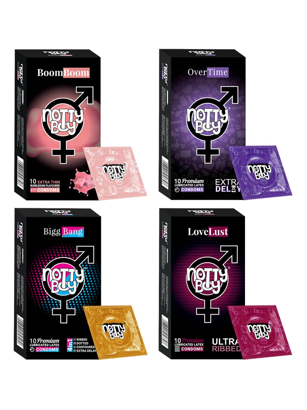 

noTTy Boy Men Set of BoomBoom + BiggBang + OverTime + LoveLust Condoms - 10 pcs each, Multi