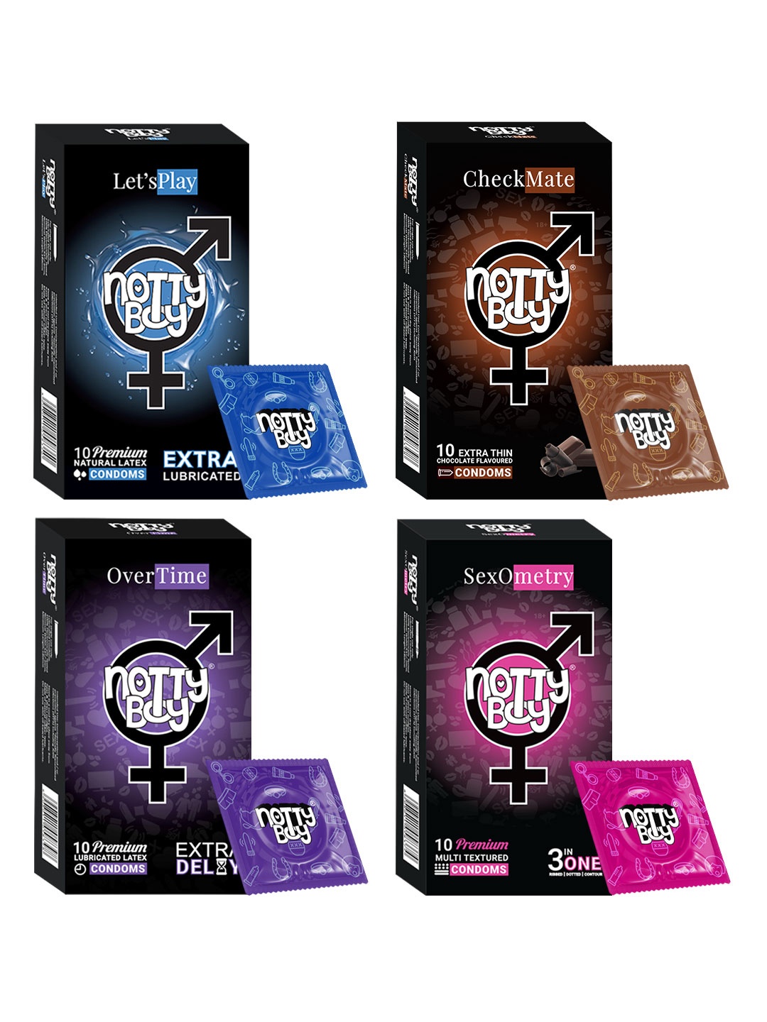 

noTTy Boy Men Set of SexoMetry + CheckMate + OverTime + LetsPlay Condoms - 10 pcs each, Multi