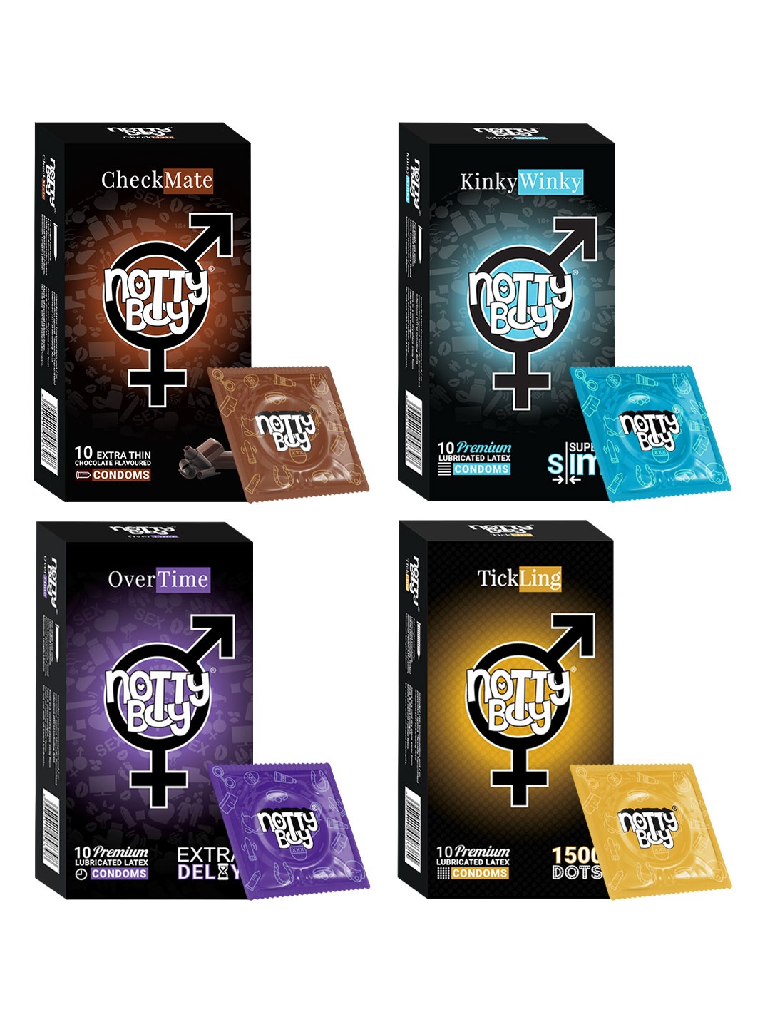 

noTTy Boy Men Set of CheckMate + KinkyWinky + OverTime + TickLing Condoms - 10 pcs each, Multi