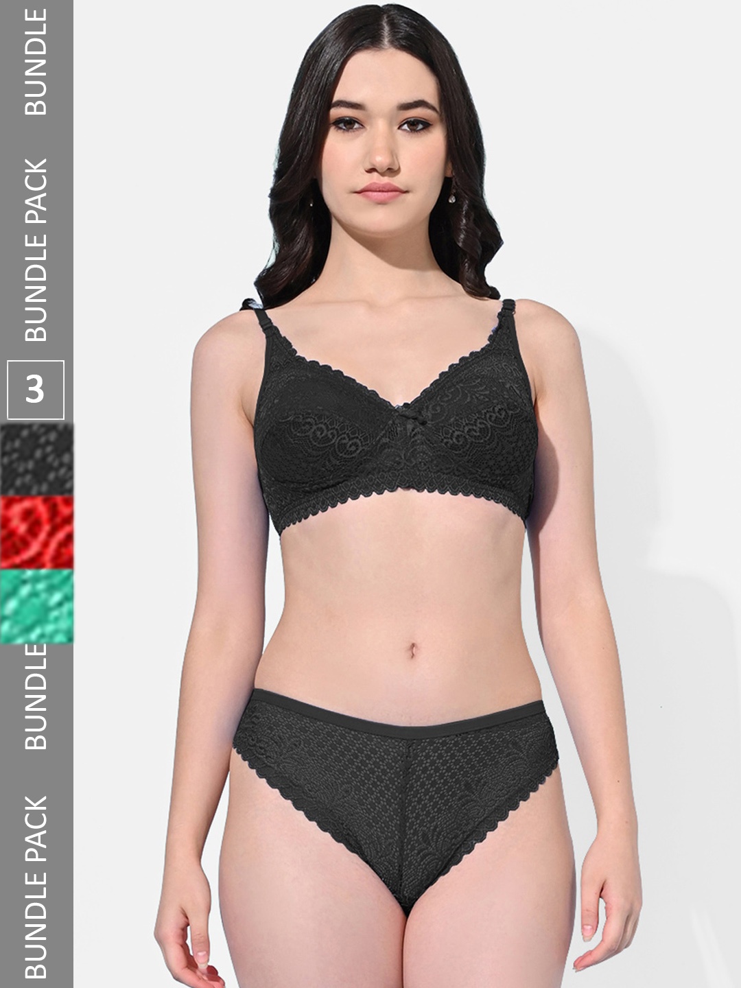 FIMS Pack Of 3 Self Design Lace Detail Lingerie Set, Black