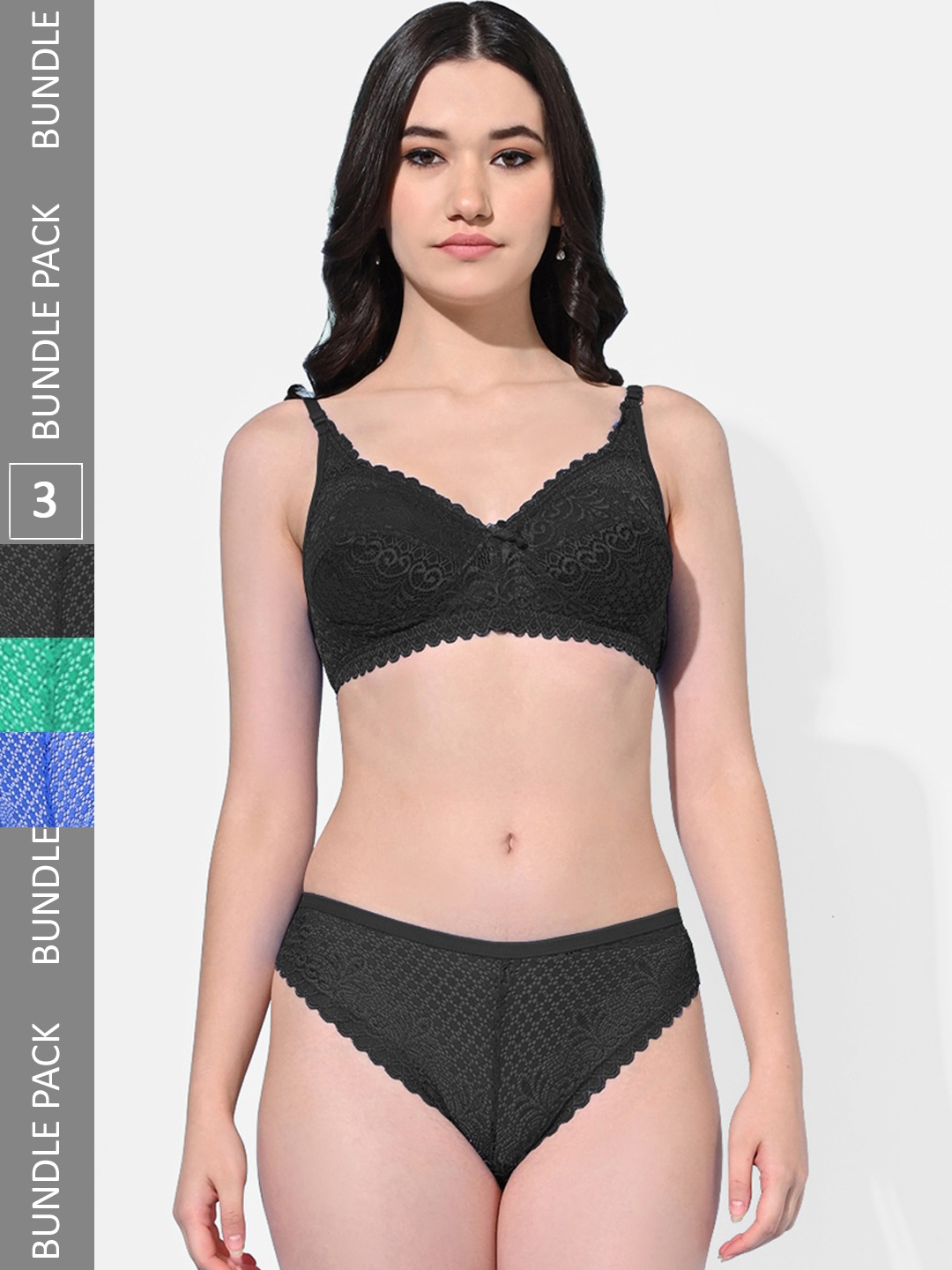 

FIMS Pack Of 3 Self Design Lace Detail Lingerie Set, Black
