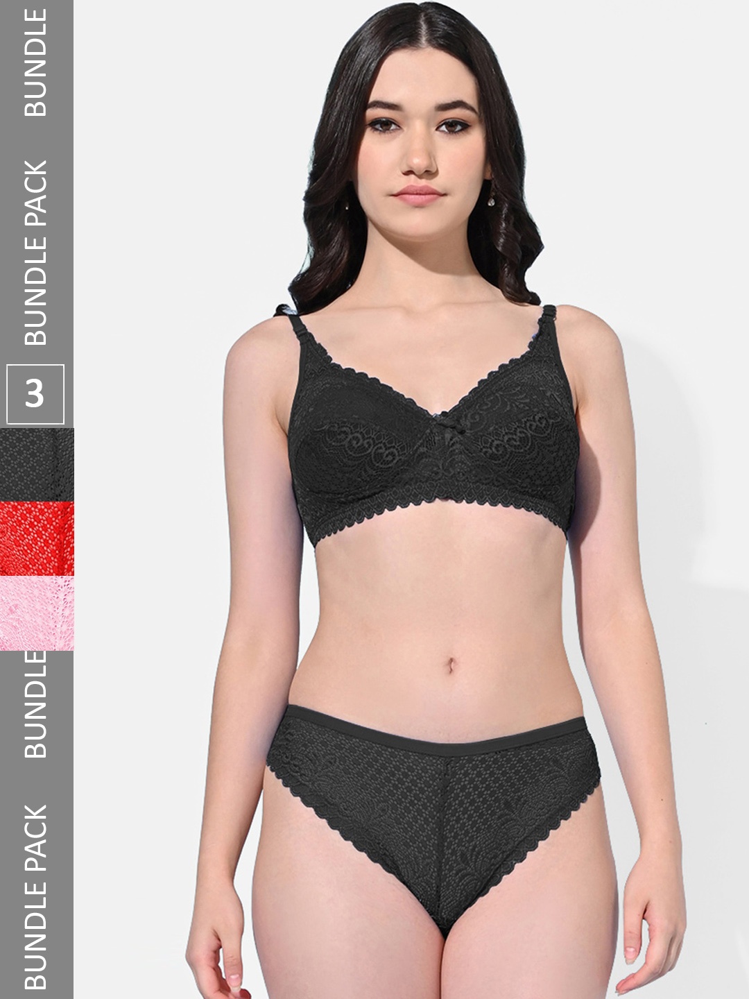 

FIMS Pack Of 3 Self Design Lace Detail Lingerie Set, Black
