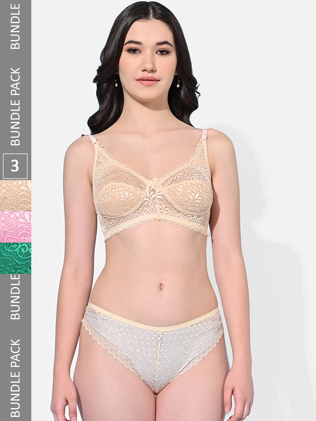

FIMS Pack Of 3 Self Design Lace Detail Lingerie Set, Beige