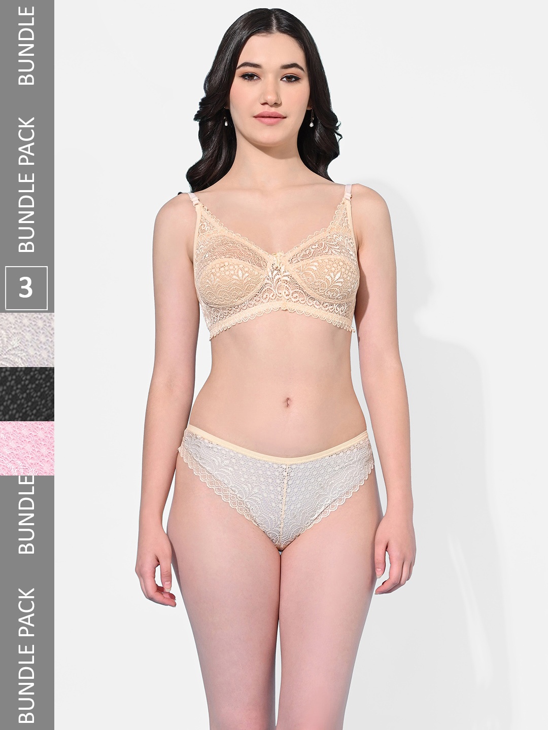 

FIMS Pack Of 3 Self Design Lace Detail Lingerie Set, Beige