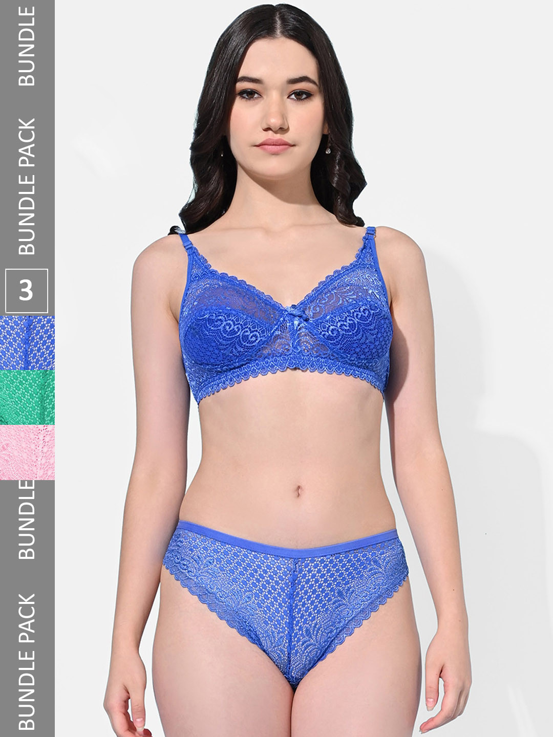 

FIMS Pack Of 3 Self Design Lace Detail Lingerie Set, Blue