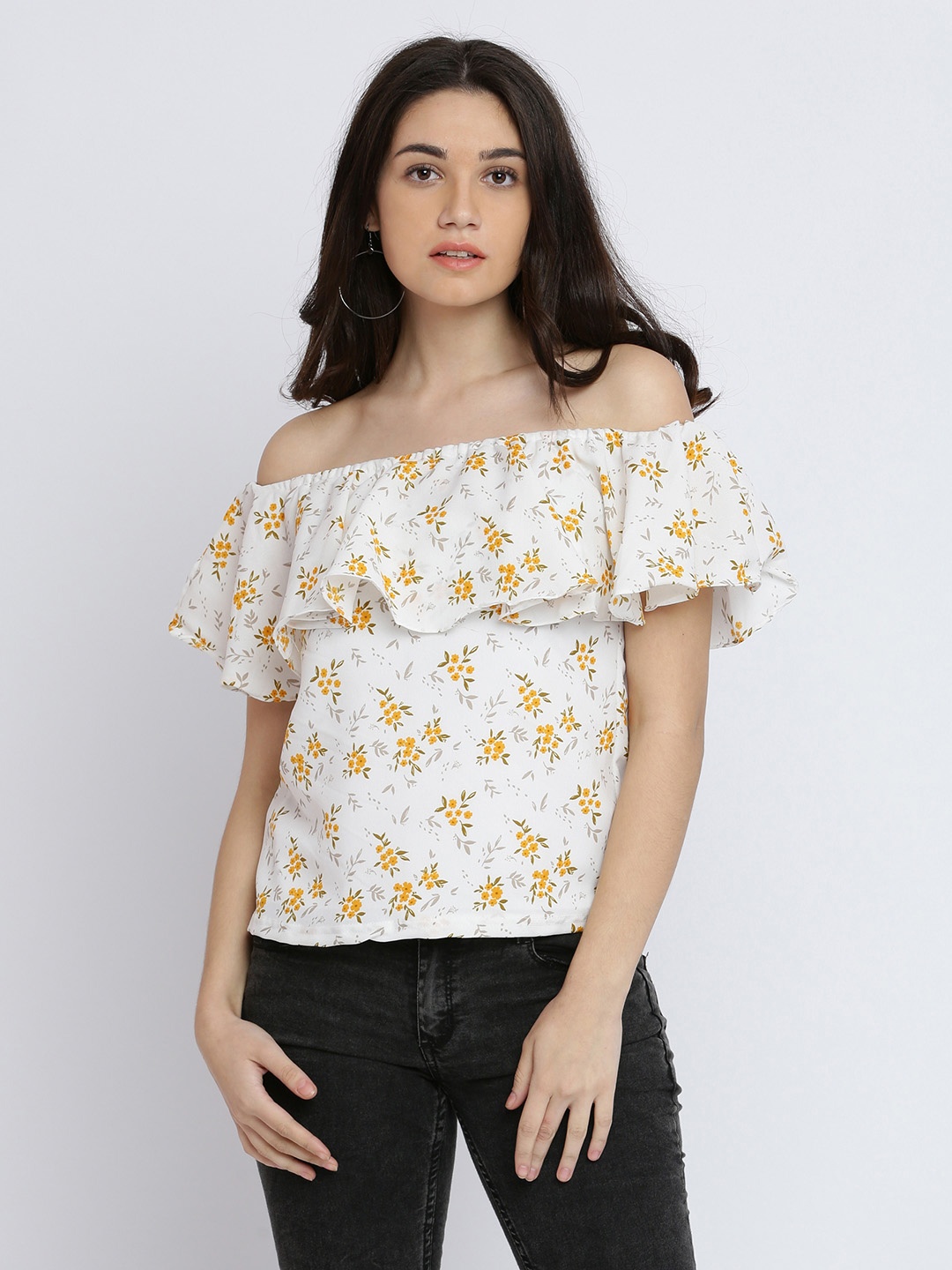 

Miss Chase Women Off-White Floral Print Bardot Top