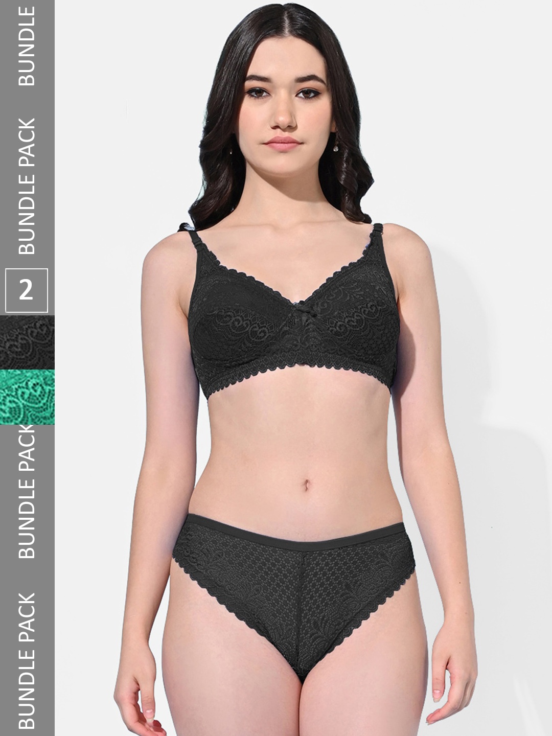 

FIMS Pack Of 2 Self Design Lingerie Set, Black