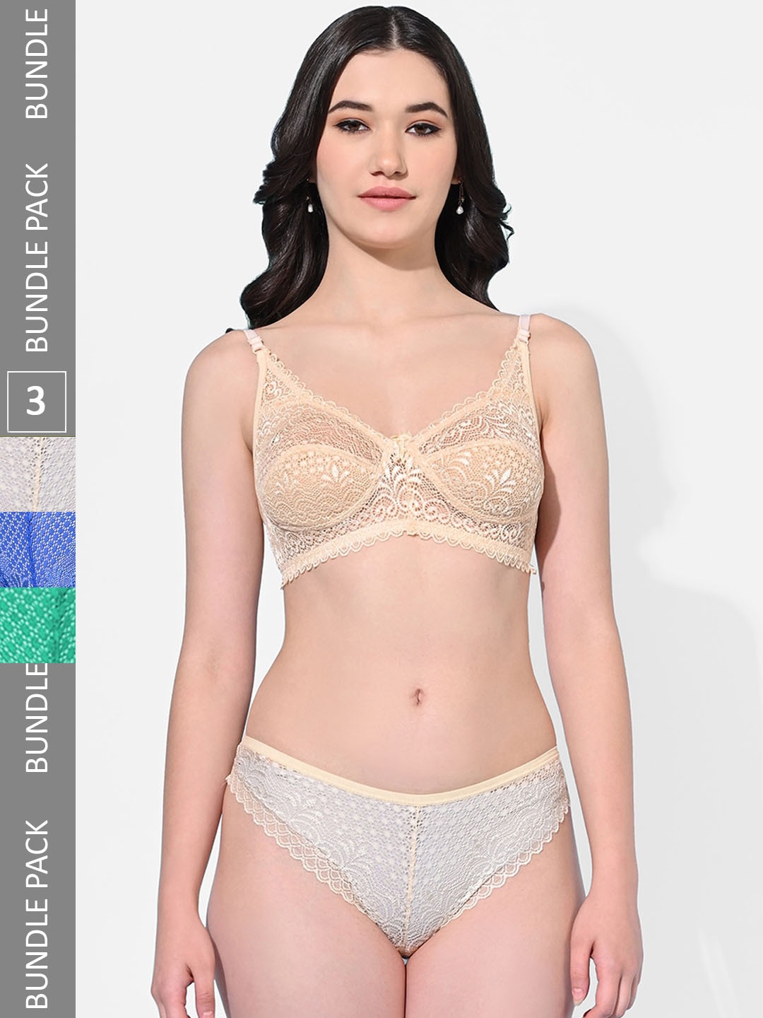 FIMS Pack Of 3 Self-Design Lingerie Set, Beige
