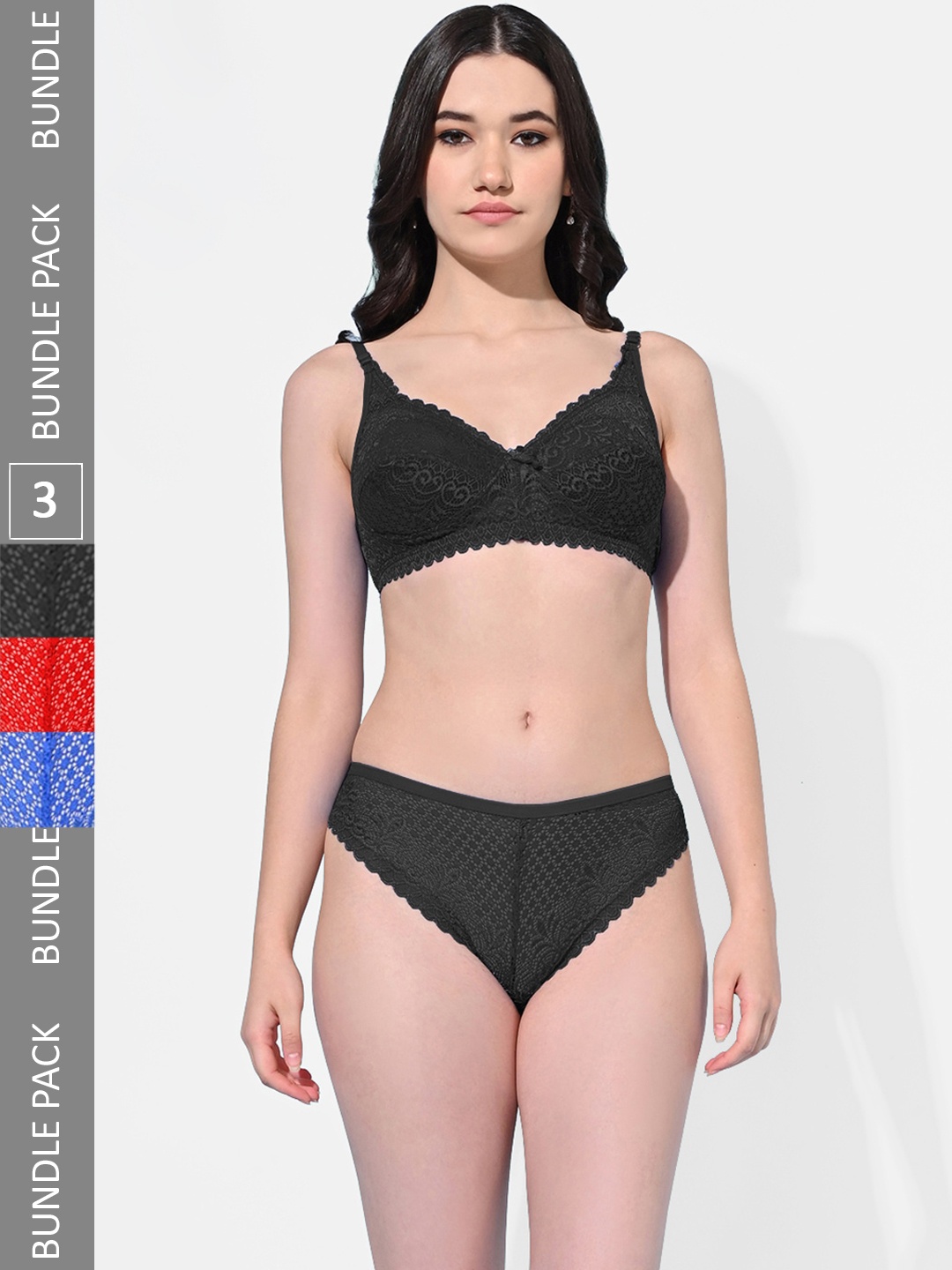 FIMS Pack Of 3 Self-Design Lingerie Set, Black