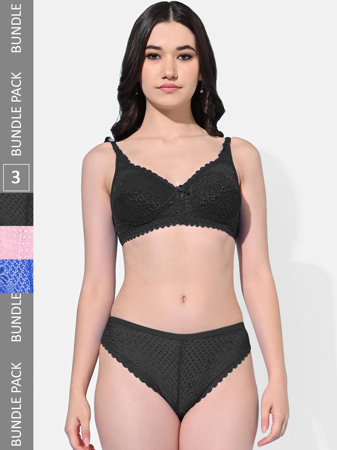 

FIMS Pack Of 3 Self-Design Non Padded Bra & Briefs Lingerie Sets, Black