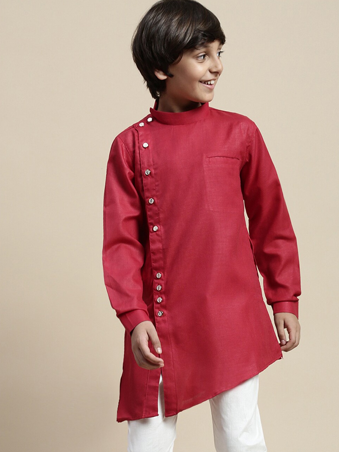 

Sanwara Boys Asymmetrical Hem Angrakha Kurta, Red
