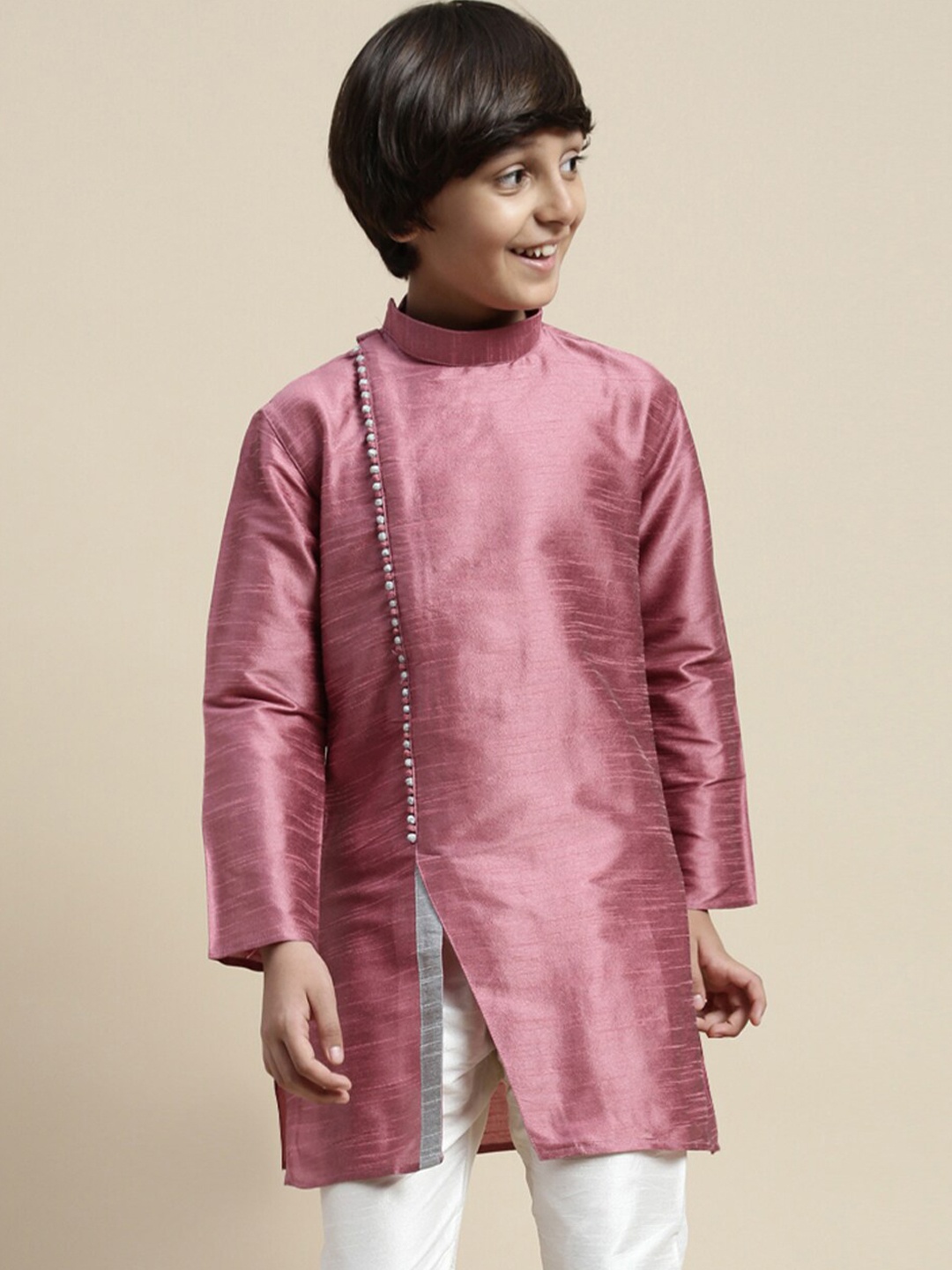 

Sanwara Boys Asymmetrical Hem Angrakha Kurta, Pink