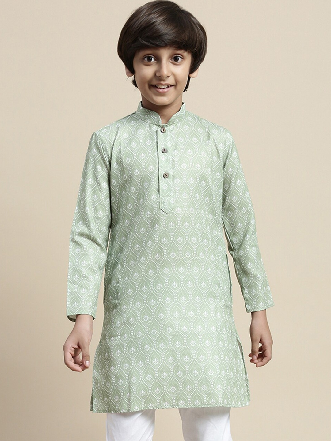 

Sanwara Boys Ethnic Motif Printed Mandarin Collar Straight Kurta, Green