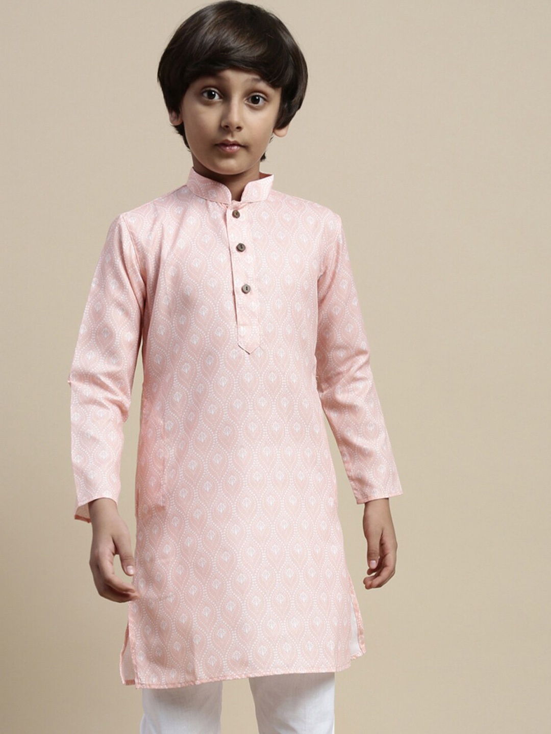 

Sanwara Boys Ethnic Motifs Printed Mandarin Collar Cotton Straight Kurta, Pink