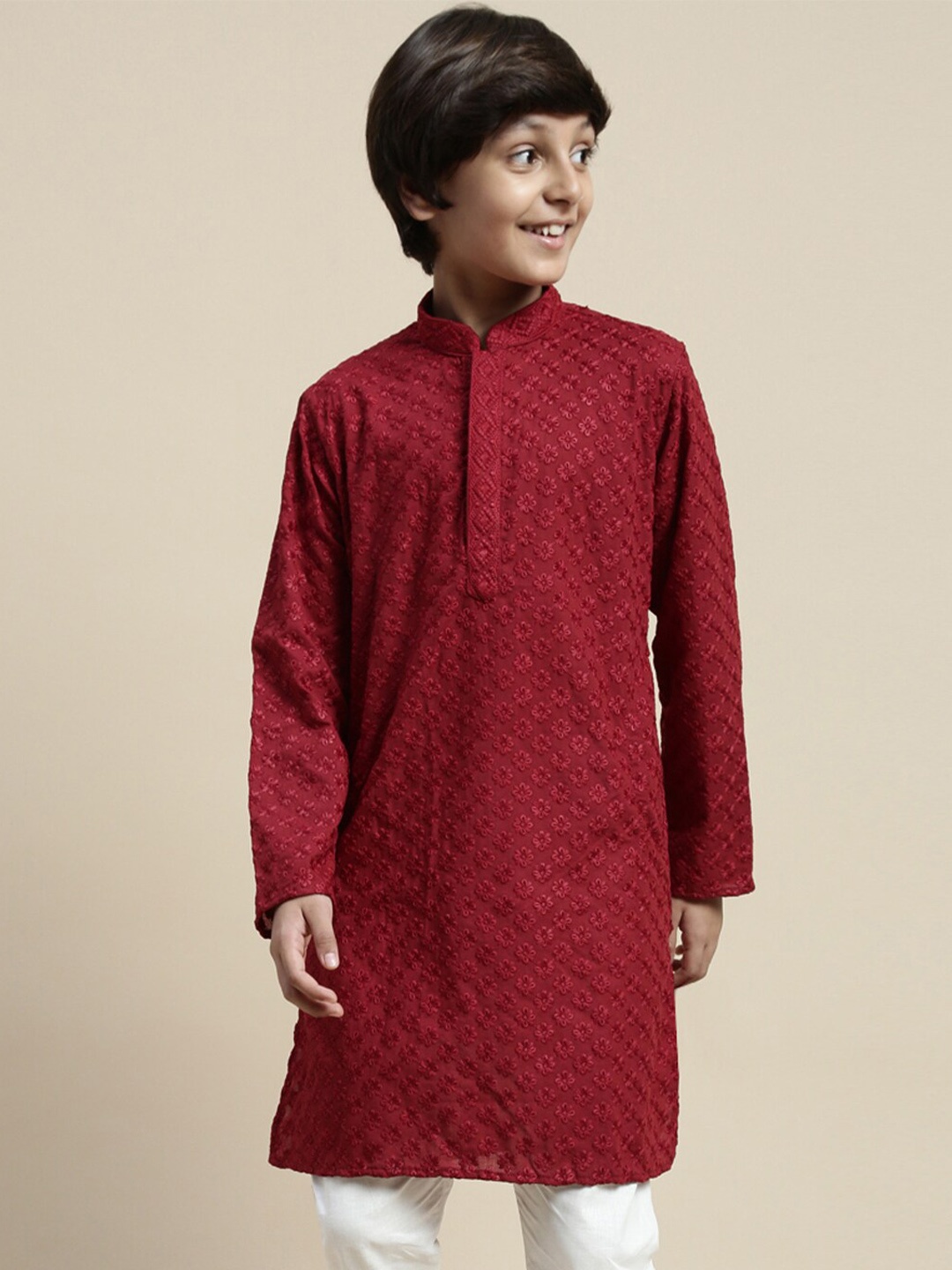 

Sanwara Boys Chikankari Embroidered Cotton Kurta, Maroon