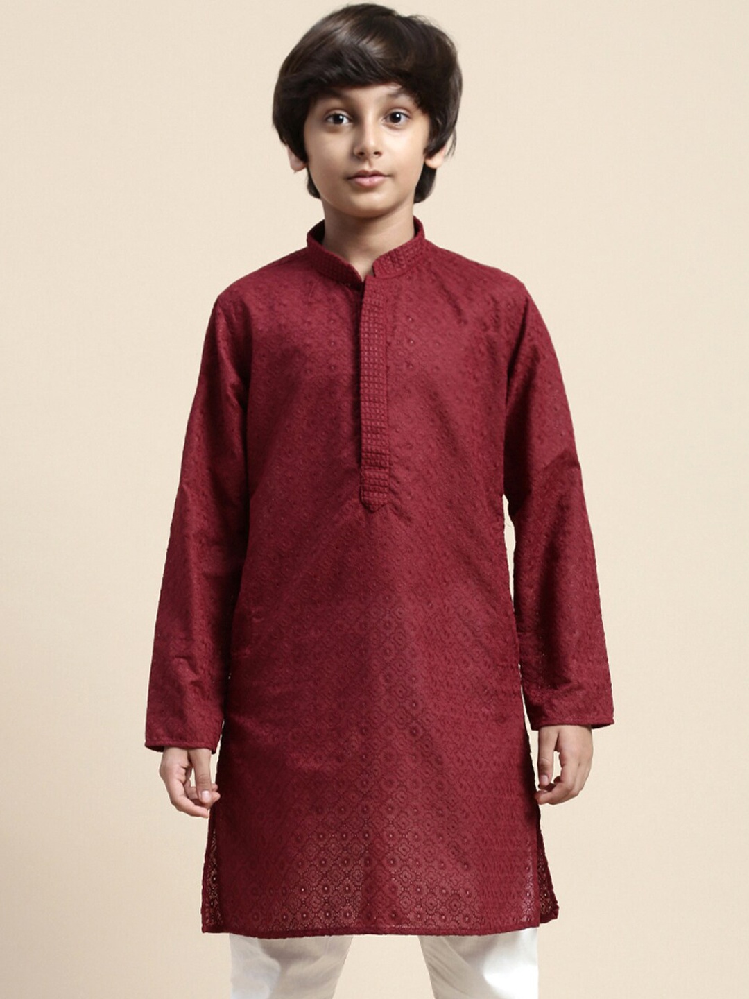 

Sanwara Boys Floral Embroidered Mandarin Collar Thread Work Cotton Straight Kurta, Maroon