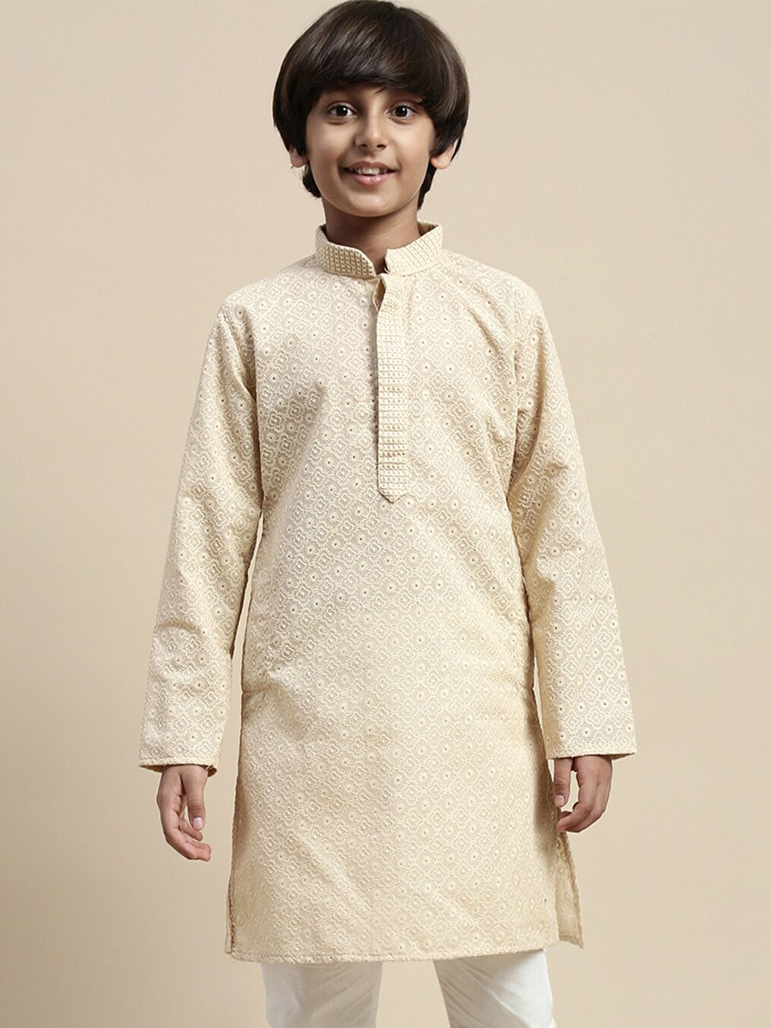 

Sanwara Boys Floral Woven Design Mandarin Collar Thread Work Kurta, Beige