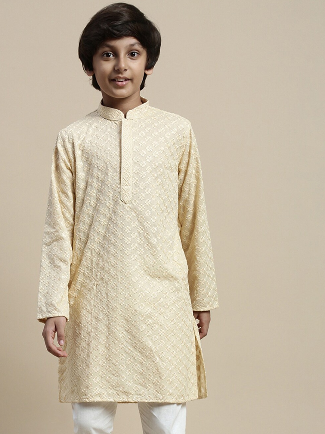 

Sanwara Boys Floral Woven Design Mandarin Collar Thread Work Kurta, Beige