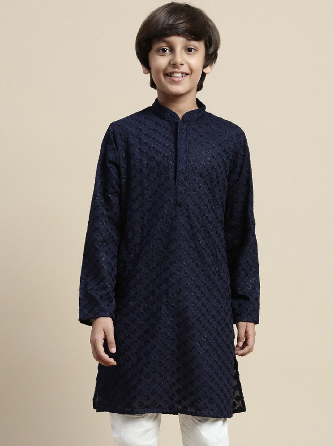 

Sanwara Boys Floral Woven Design Mandarin Collar Thread Work Kurta, Blue