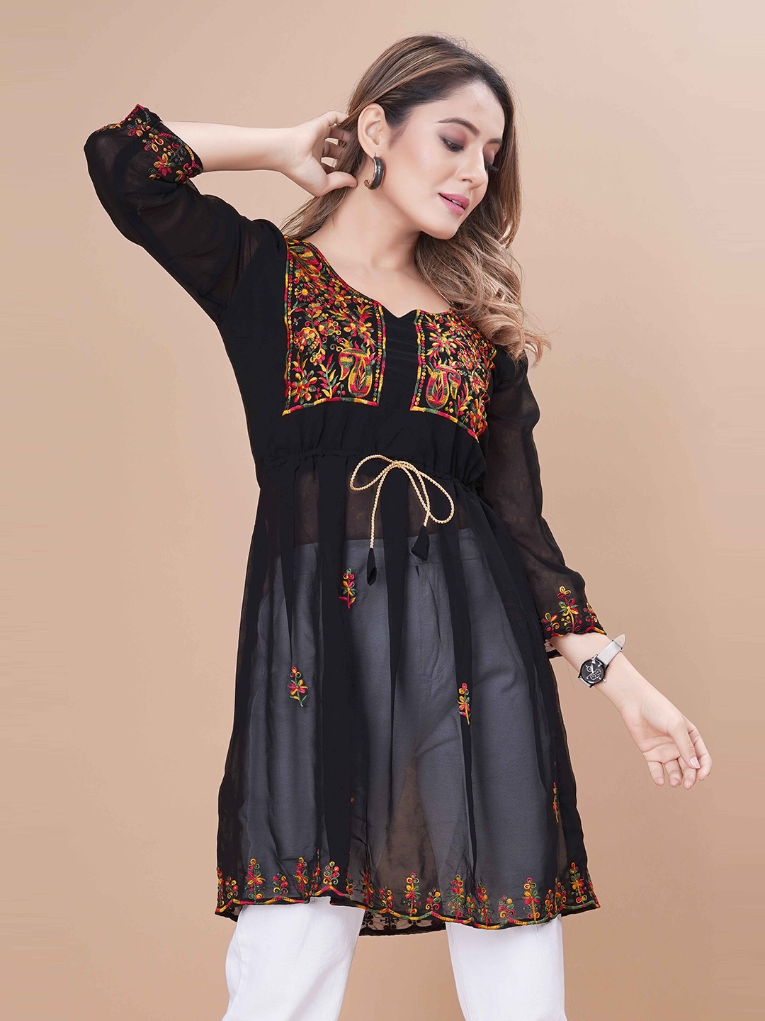 

WEAVETECH IMPEX Multicolour Heavy Embroidered Work Longline Pure Georgette Pleated Top, Black