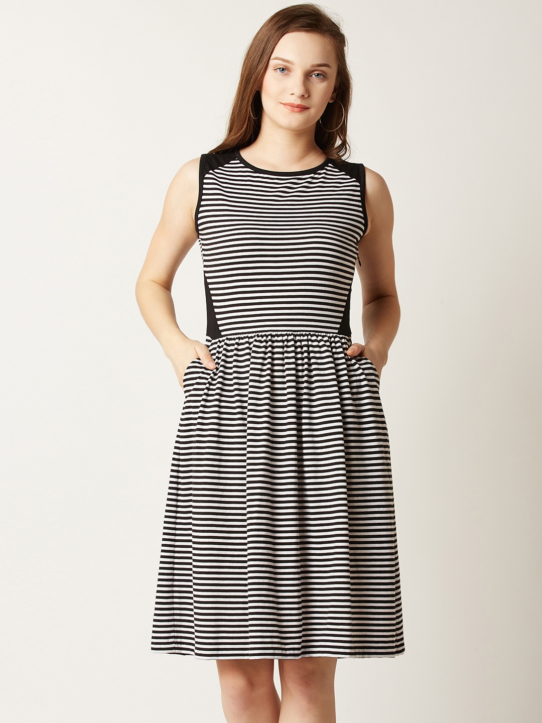 

Miss Chase Women Black Striped Fit and Flare Dress