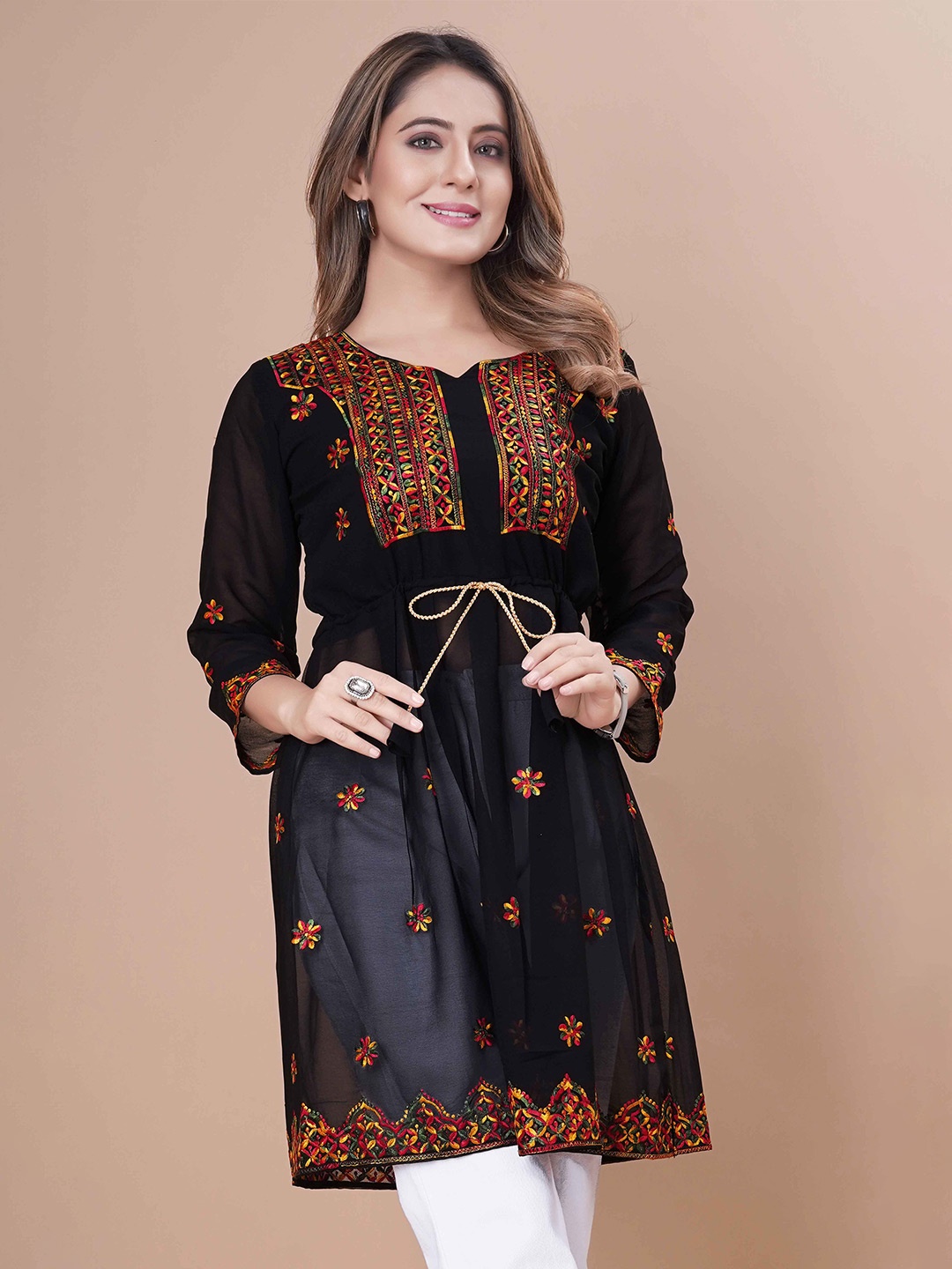 

WEAVETECH IMPEX Multicolour Heavy Embroidered Work Longline Pure Georgette Pleated Top, Black