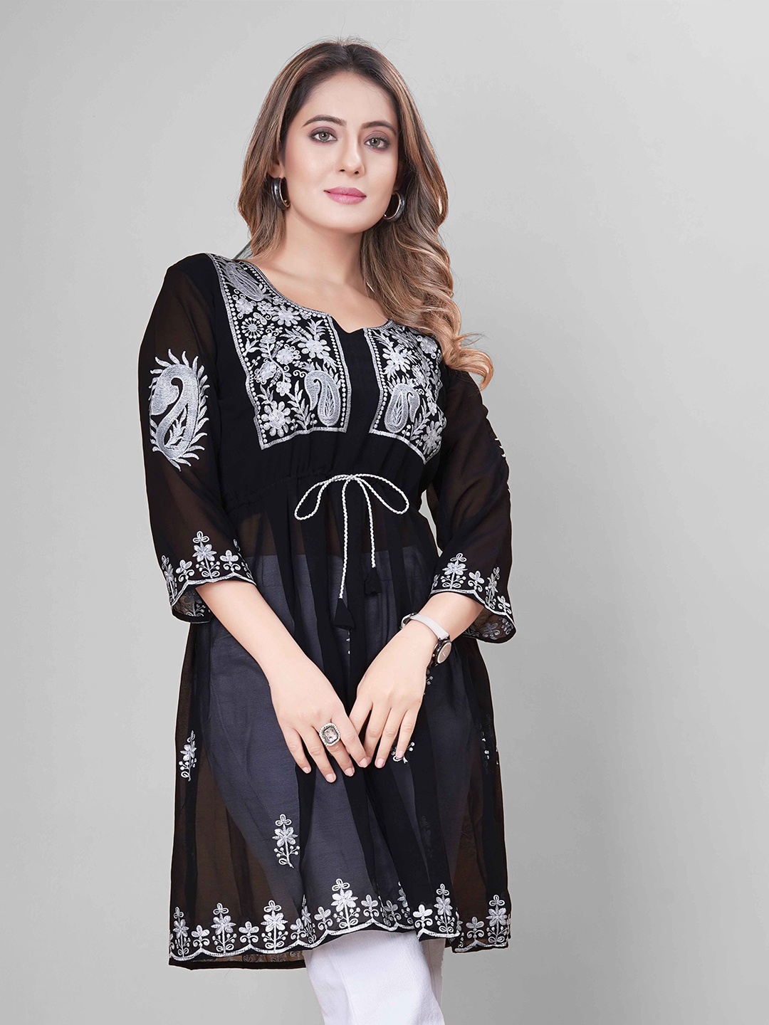 

WEAVETECH IMPEX Heavy Embroidered Work Longline Pure Georgette Pleated Top, Black