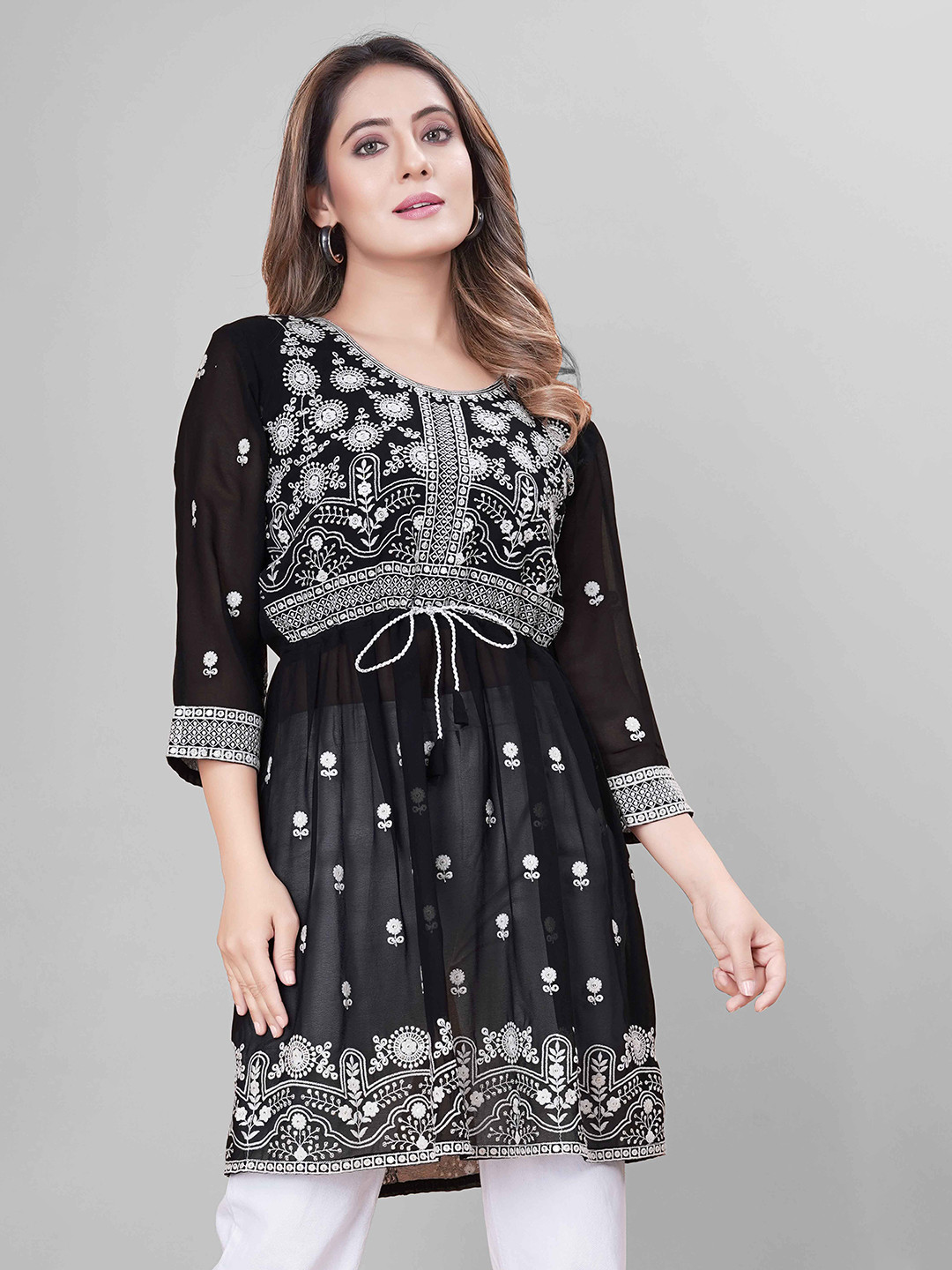 

WEAVETECH IMPEX Black Heavy Embroderied & Sequin Work Longline Pure Georgette Pleated Top