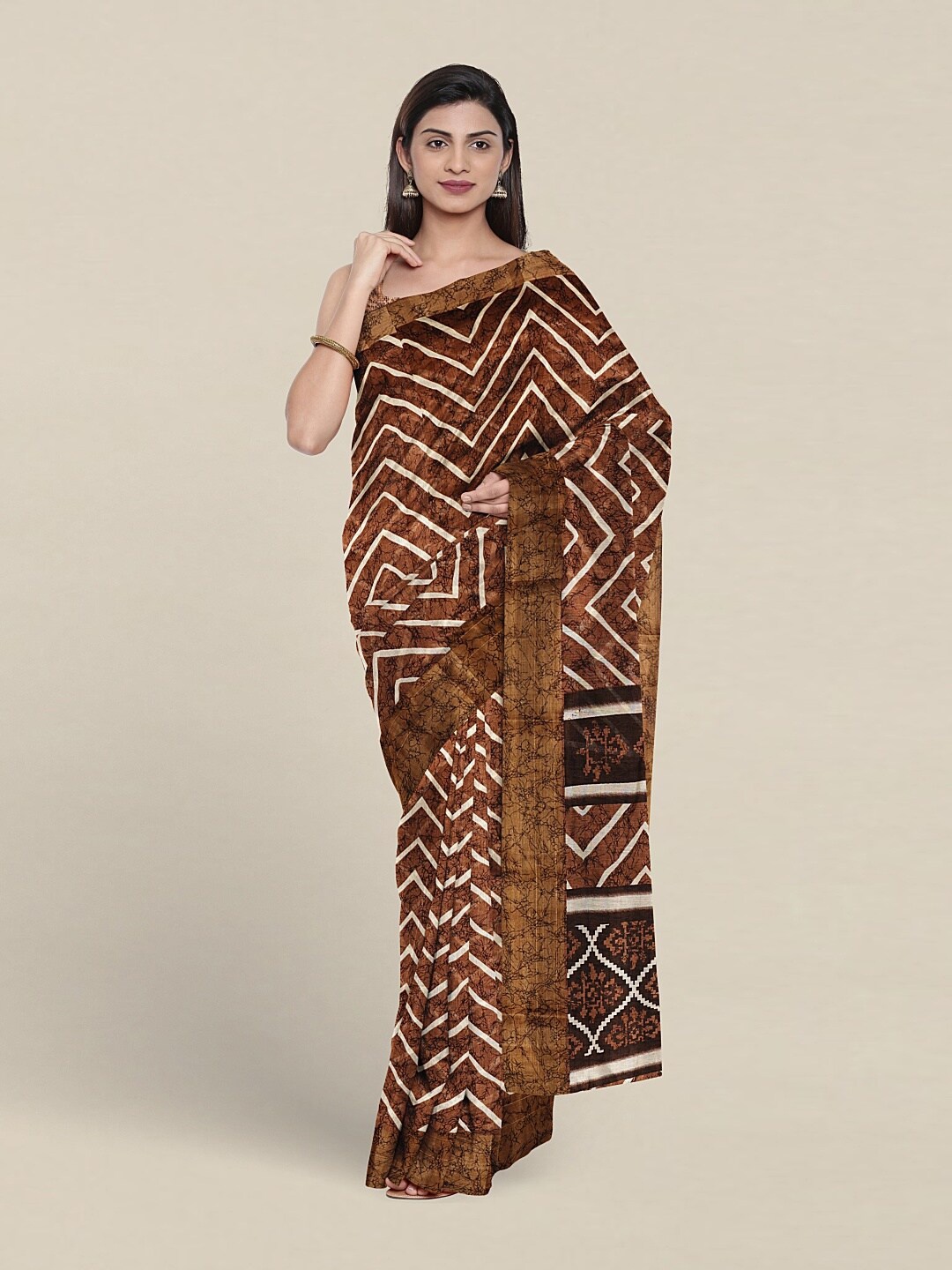 

Pothys Geometric Printed Zari Saree, Brown