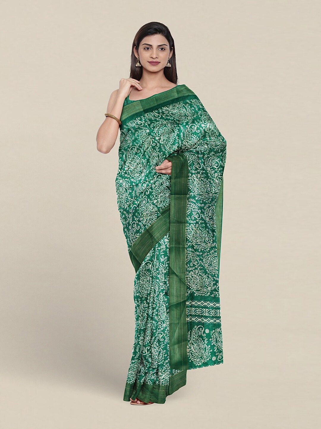 

Pothys Ethnic Motifs Printed Cotton Blend Saree, Green