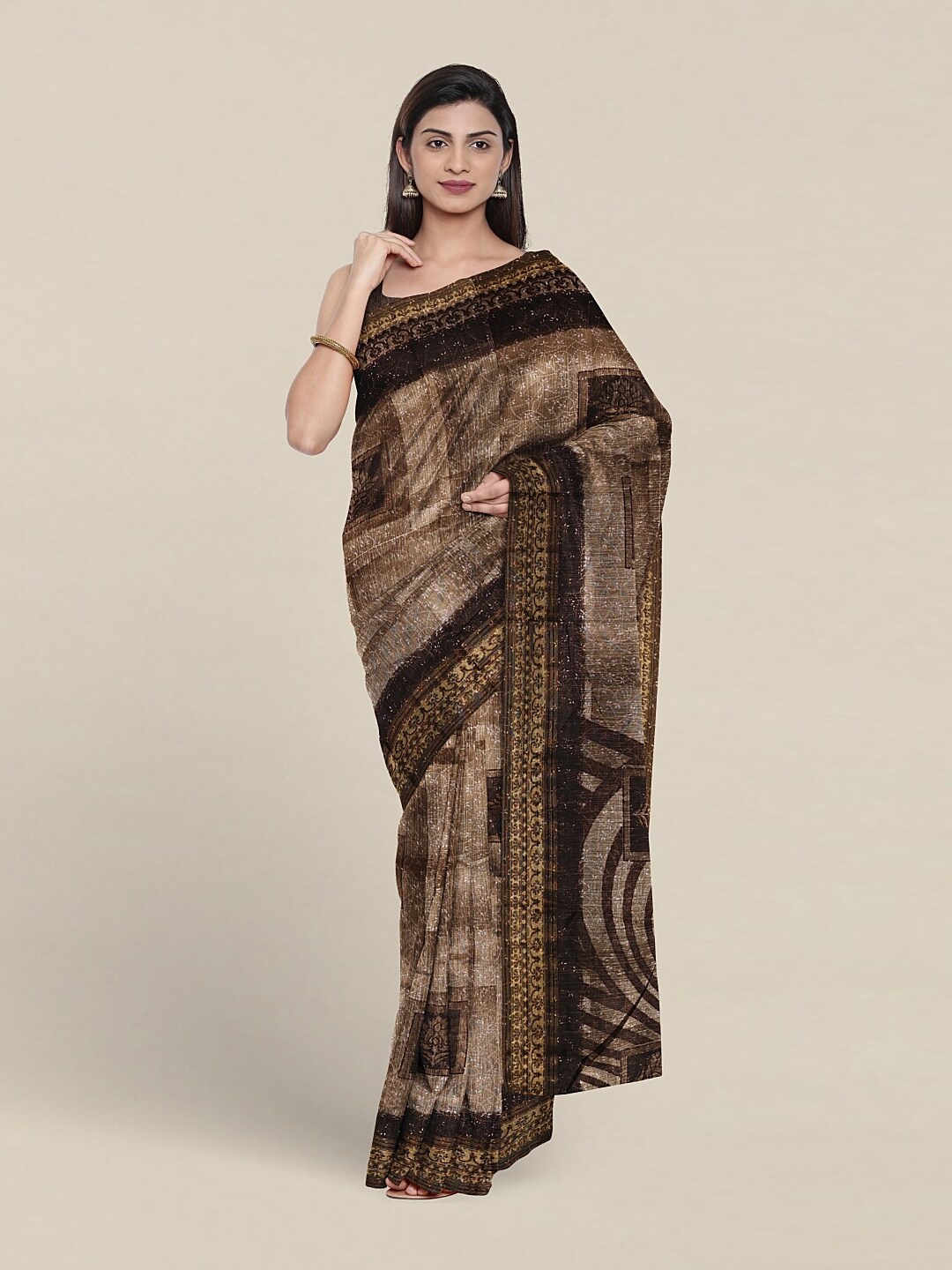 

Pothys Geometric Printed Zari Saree, Brown