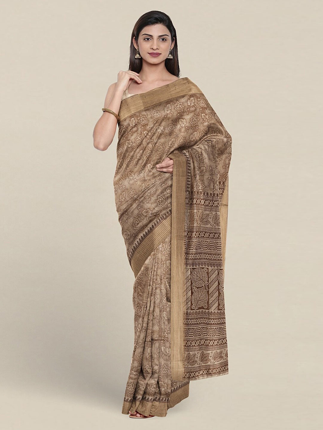 

Pothys Floral Printed Zari Pure Cotton Saree, Brown