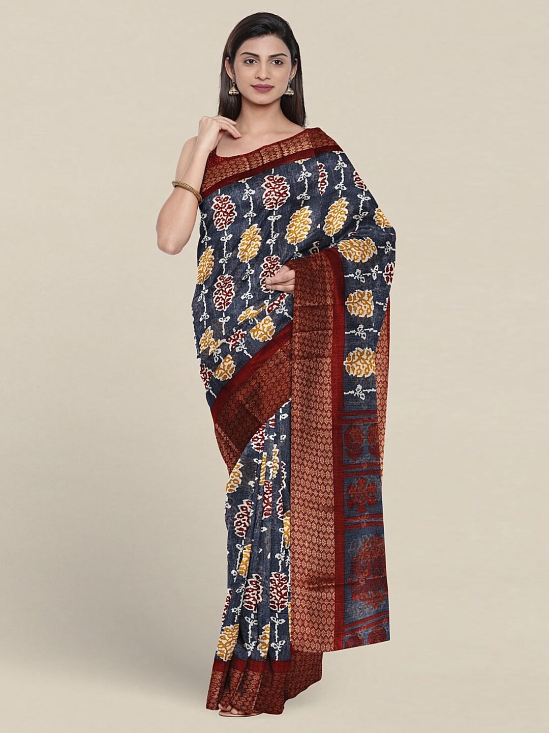 

Pothys Grey & Yellow Floral Printed Cotton Blend Saree