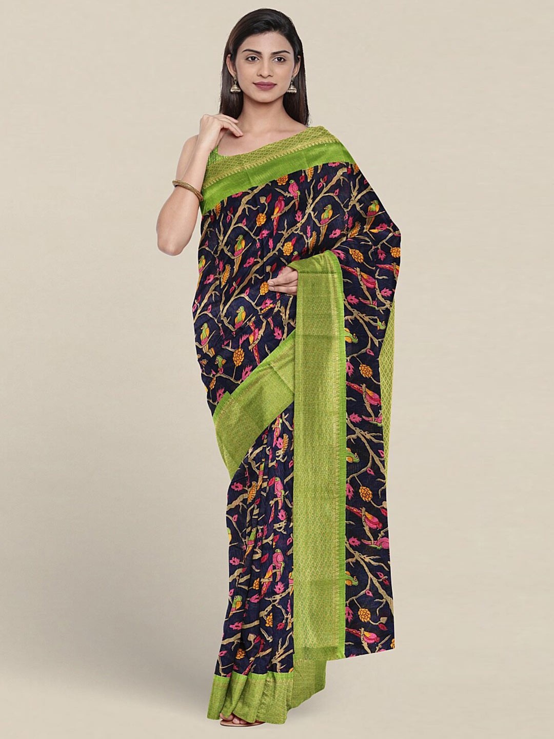 

Pothys Floral Printed Cotton Blend Saree, Navy blue