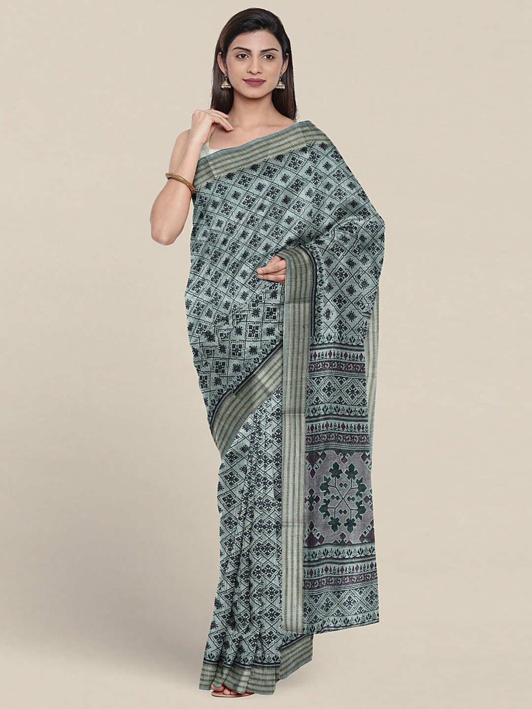 

Pothys Geometric Printed Pure Cotton Saree, Green