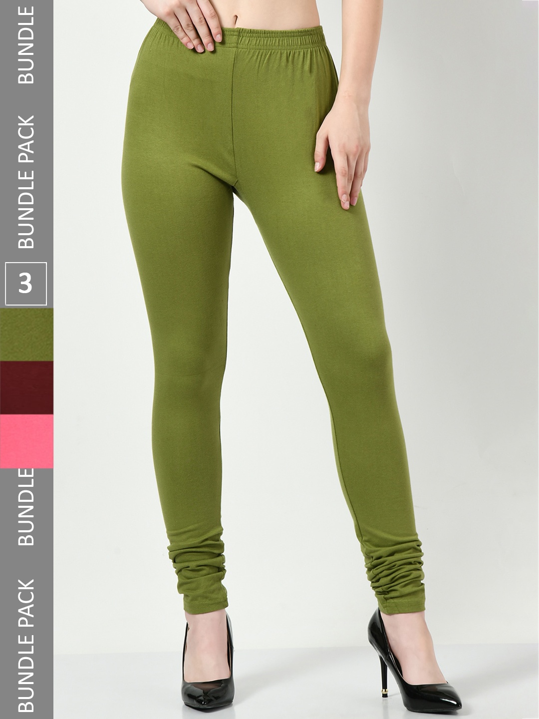 

BAESD Pack Of 3 Mid-Rise Cotton Lycra Churidar Length Leggings, Green