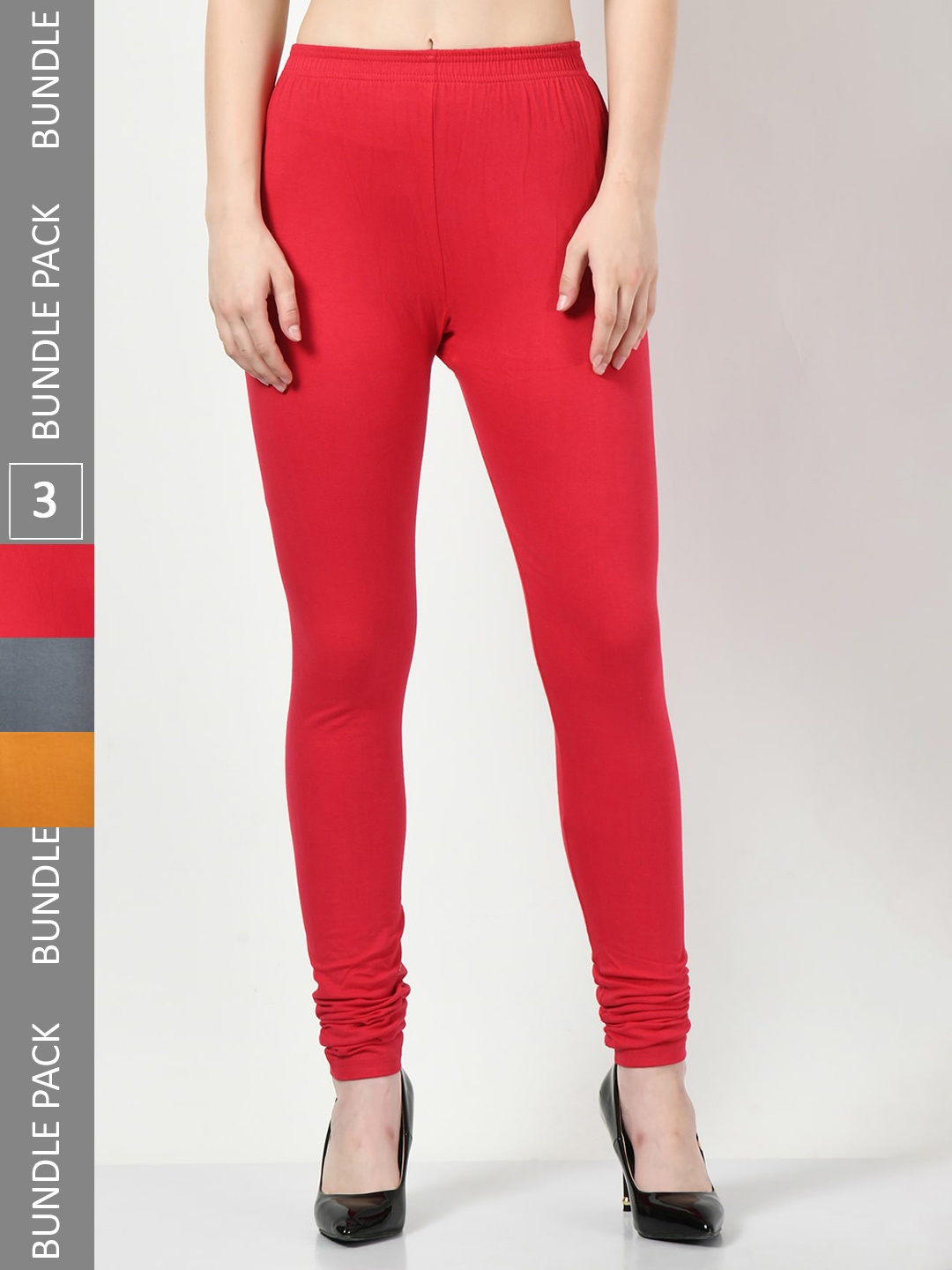 

BAESD Pack Of 3 Slim-Fit Churidar-Length Cotton Lycra Leggings, Red