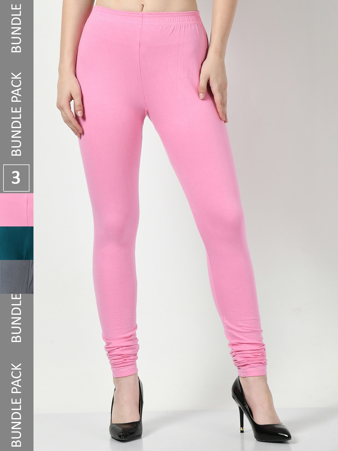 

BAESD Pack Of 3 Slim-Fit Cotton Lycra Churidar-Length Leggings, Pink