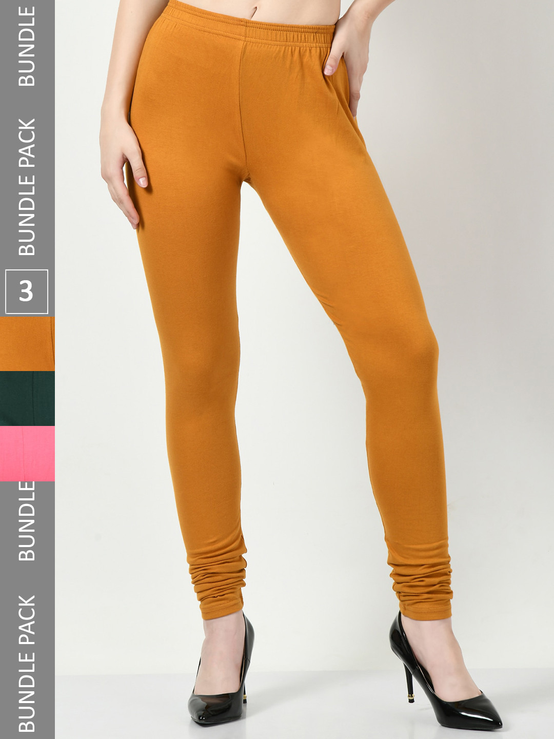 

BAESD Pack Of 3 Churidar-Length Cotton Lycra Leggings, Mustard