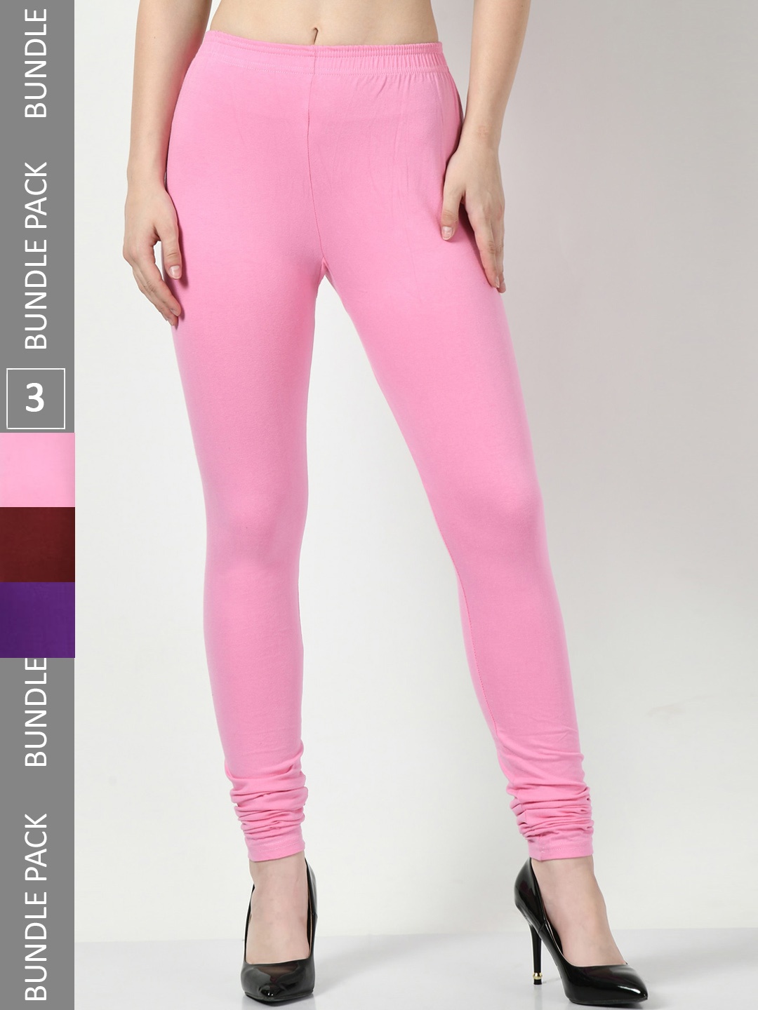 

BAESD Pack Of 3 Slim-Fit Cotton Lycra Churidar-Length Leggings, Pink