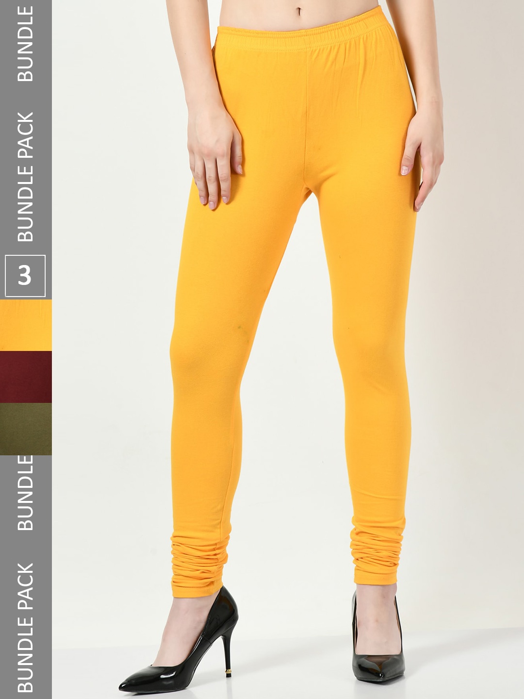 

BAESD Women Pack Of 3 Churidar-Length Leggings, Yellow