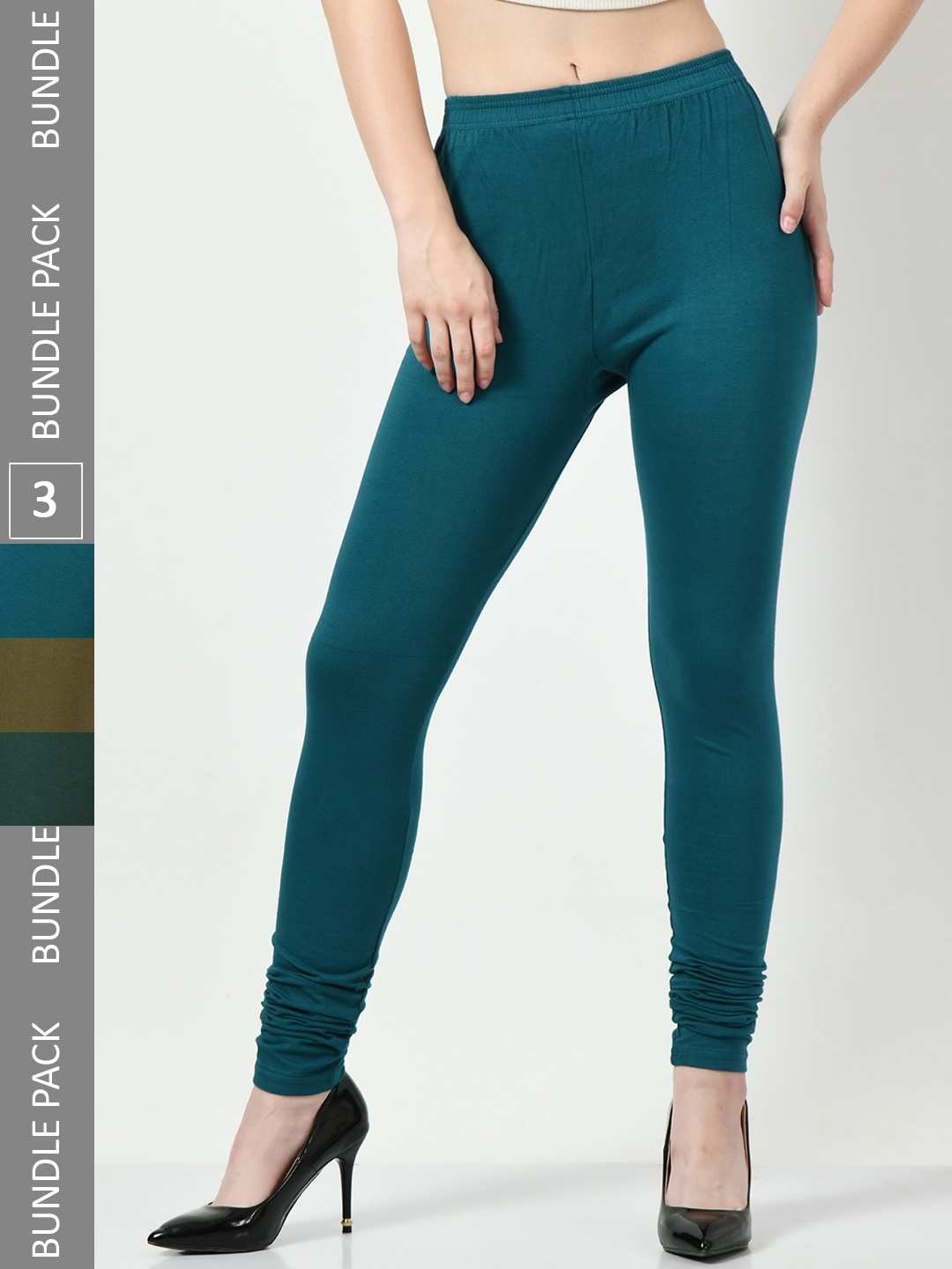 

BAESD Pack Of 3 Slim-Fit Cotton Lycra Churidar-Length Leggings, Green
