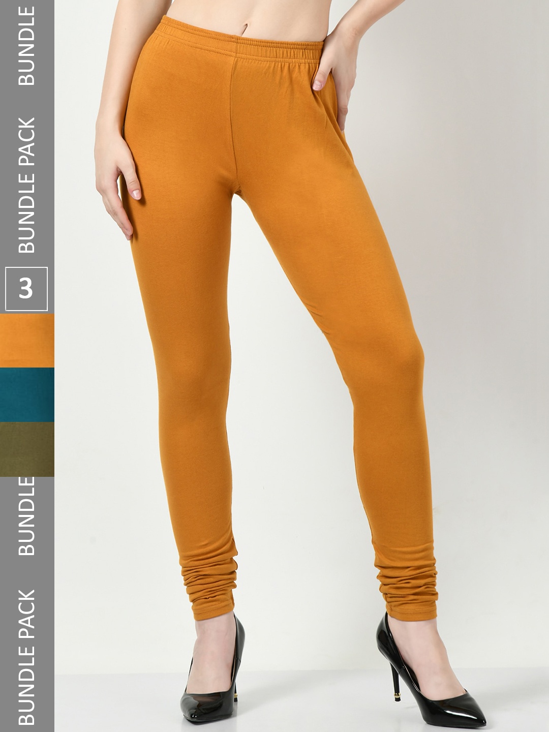 

BAESD Pack Of 3 Churidar Length Cotton Lycra Leggings, Mustard