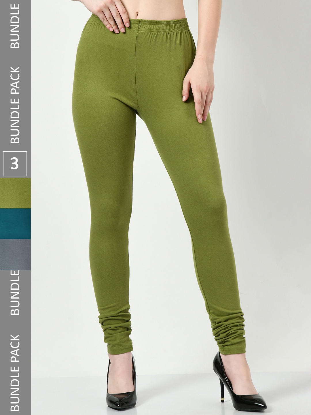 

BAESD Pack Of 3 Slim-Fit Churidar-Length Cotton Lycra Leggings, Green