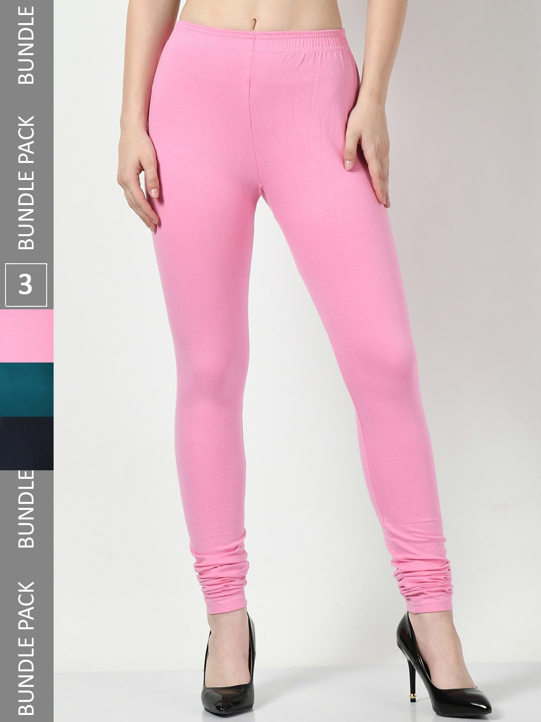 

BAESD Pack Of 3 Slim-Fit Churidar-Length Cotton Lycra Leggings, Pink