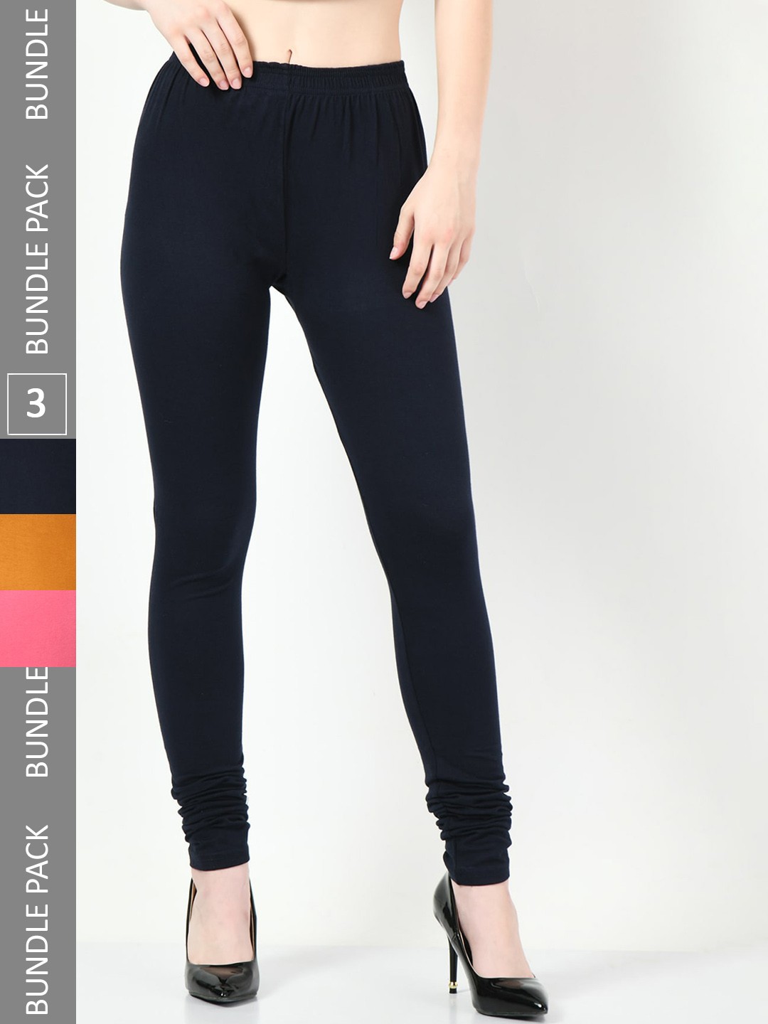 

BAESD Pack Of 3 Mid-Rise Cotton Lycra Churidar Length Leggings, Black