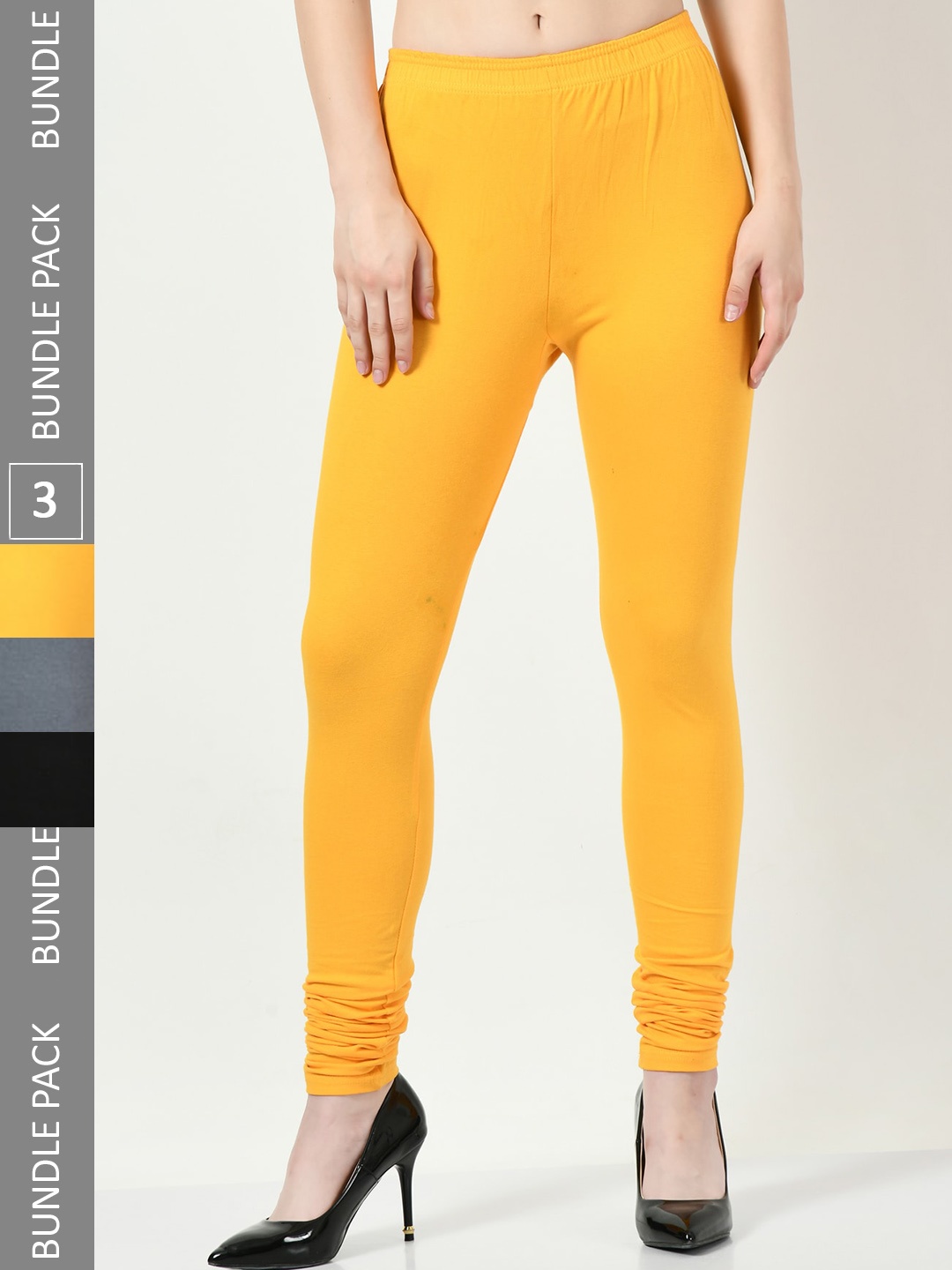 

BAESD Pack Of 3 Slim-Fit Churidar-Length Cotton Lycra Leggings, Yellow