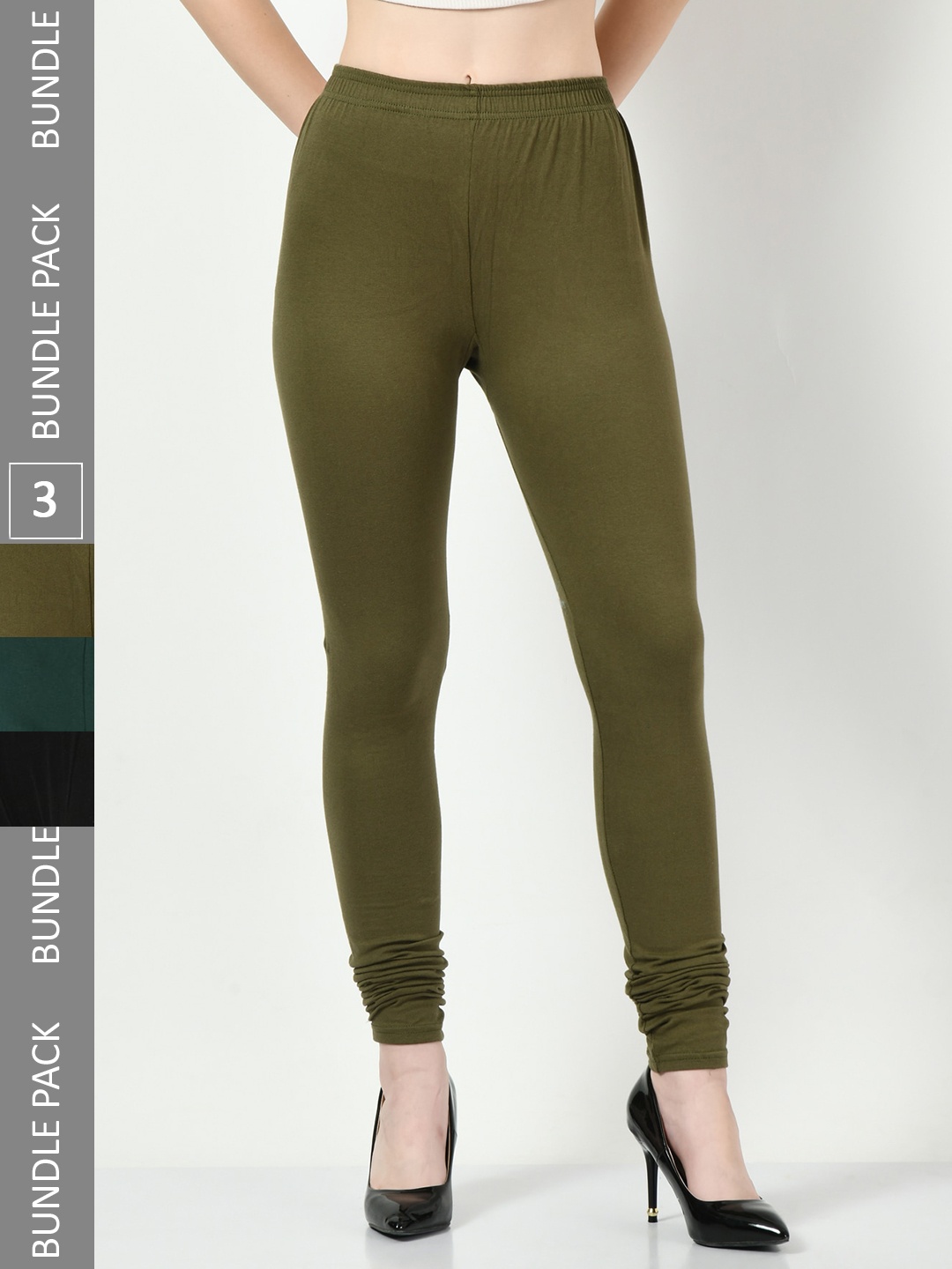 

BAESD Pack Of 3 Churidar-Length Cotton Lycra Leggings, Olive